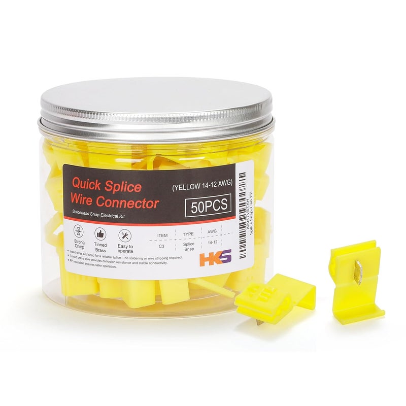 HK-S 50PCS Yellow Quick Splice Wire Connectors 12-10 AWG | IDC Solderless Snap Lock Crimp Terminal | Self-Stripping Insulated Electrical Splice Connector for Automotive, Marine & Heavy-Duty Wiring - Image 1